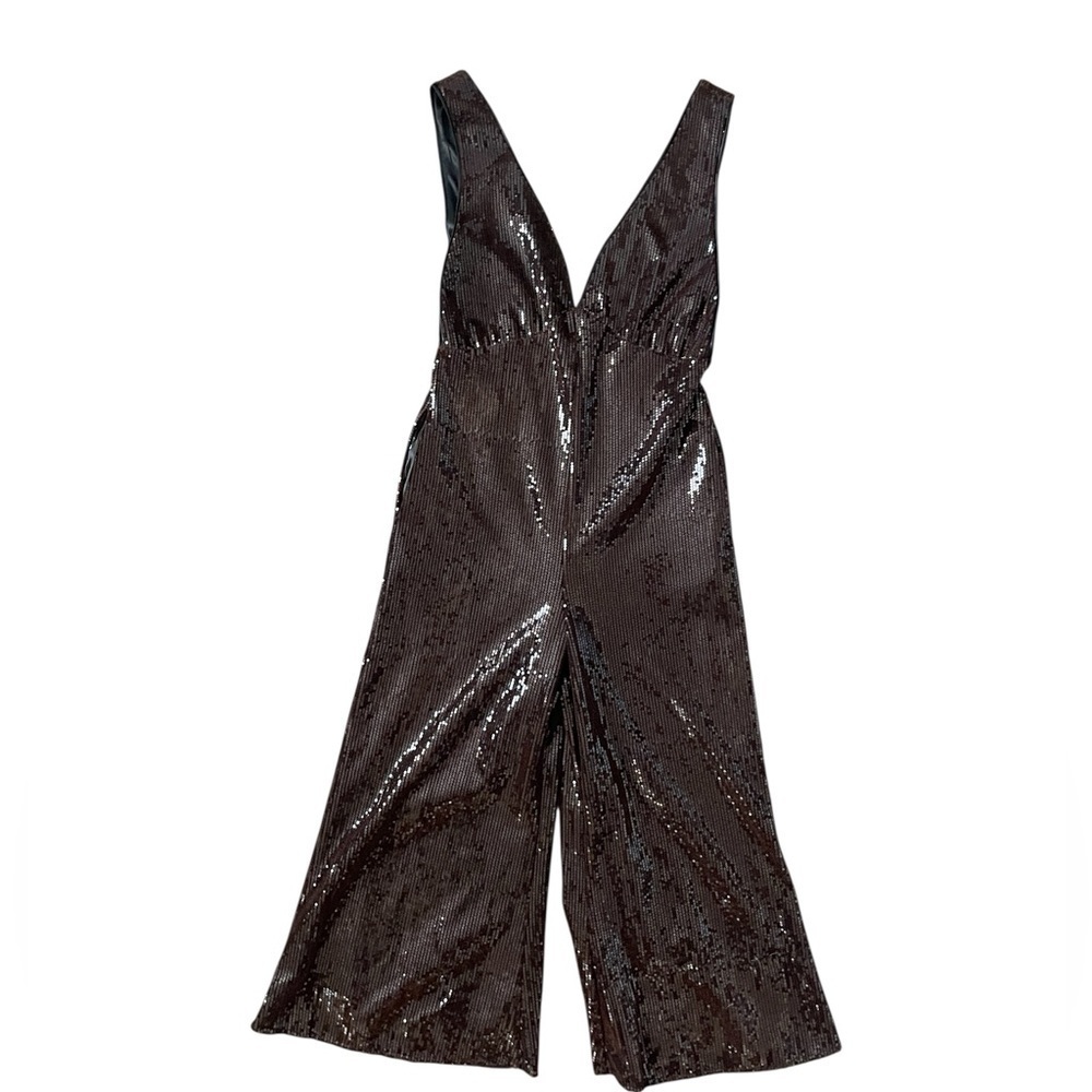 Line & Dot Brown Sequin Wide Leg Jumpsuit XS Deep V Neck Holiday Party REVOLVE - Picture 13 of 15
